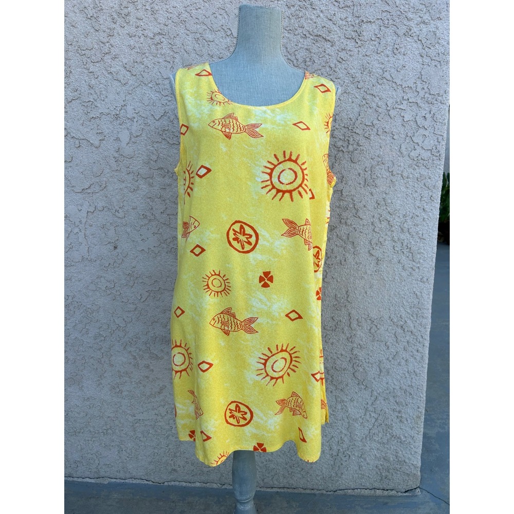 Jennifer‎ Moore Shift Dress Womens Large Yellow 90s Vintage Funky Sun Fish Print